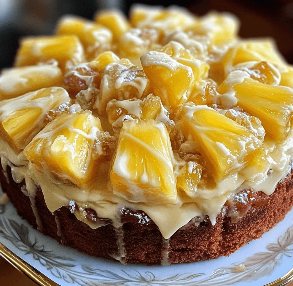 A slice of juicy pineapple heaven cake, topped with creamy frosting and garnished with pineapple chunks, served on a white plate.