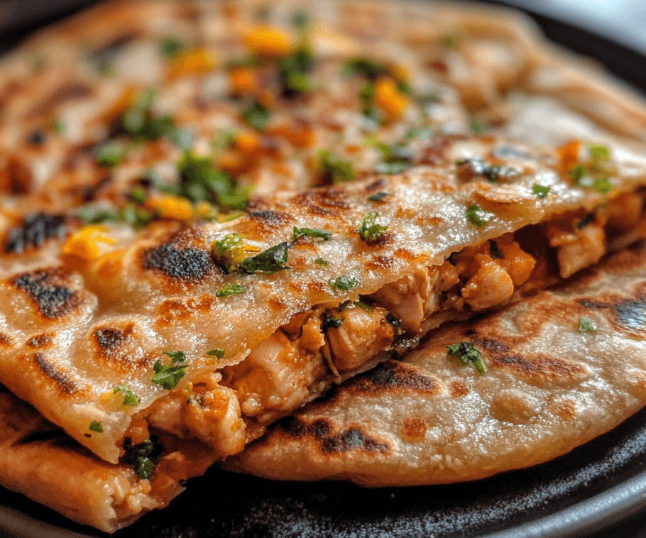 A golden, flaky stuffed chicken paratha cut in halves, revealing its spiced chicken filling, served with a side of yogurt dip and fresh mint leaves.