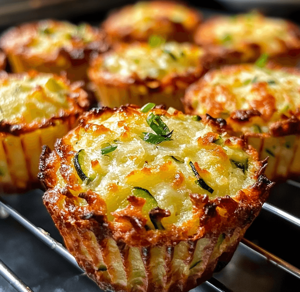 A batch of golden-brown Parmesan zucchini potato muffins, with visible flecks of zucchini and crispy parmesan cheese on top.