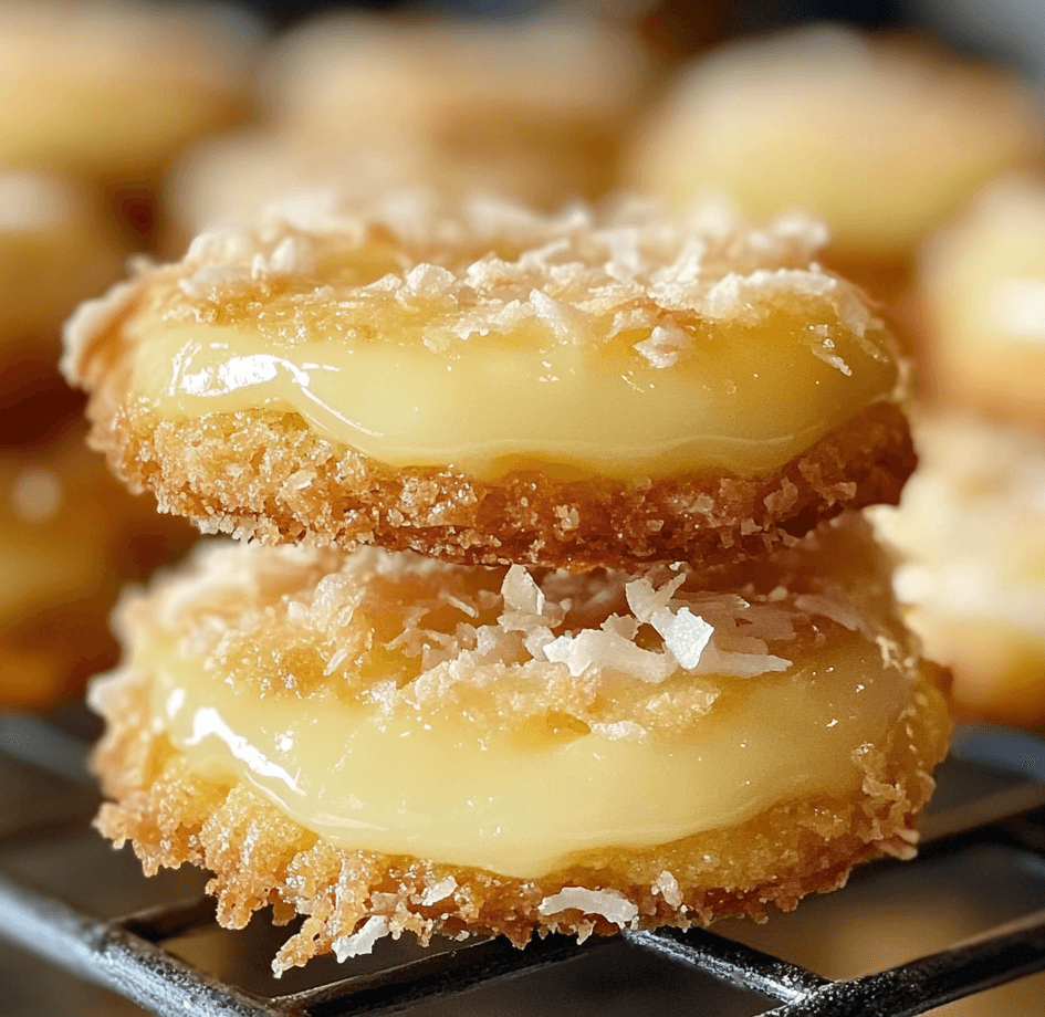 A plate of heavenly coconut lemon curd cookies, featuring a soft, golden coconut cookie with a bright yellow lemon curd center and a dusting of powdered sugar.