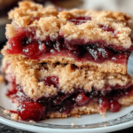 A tray of Southern cherry cobbler bars with a golden, crumbly top, showcasing a vibrant cherry filling and dusted with powdered sugar.