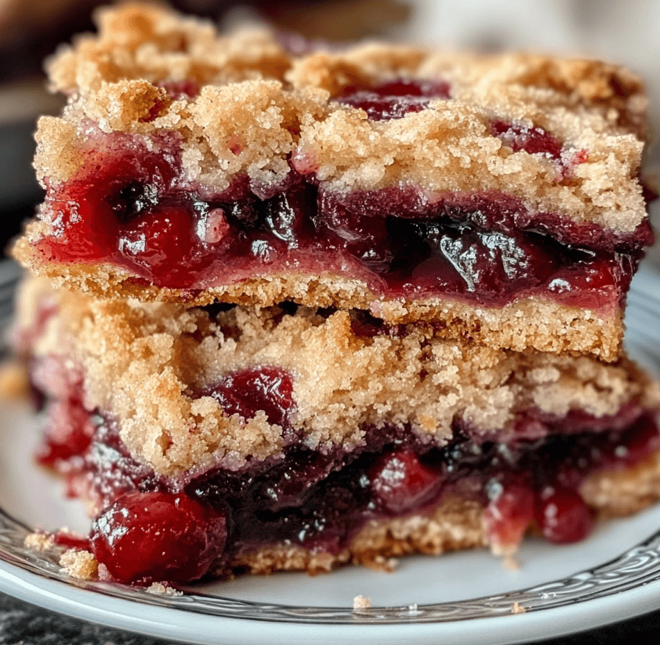 A tray of Southern cherry cobbler bars with a golden, crumbly top, showcasing a vibrant cherry filling and dusted with powdered sugar.