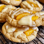 A plate of white chocolate peach cookies, featuring soft, golden-brown cookies with chunks of white chocolate and juicy peach pieces.