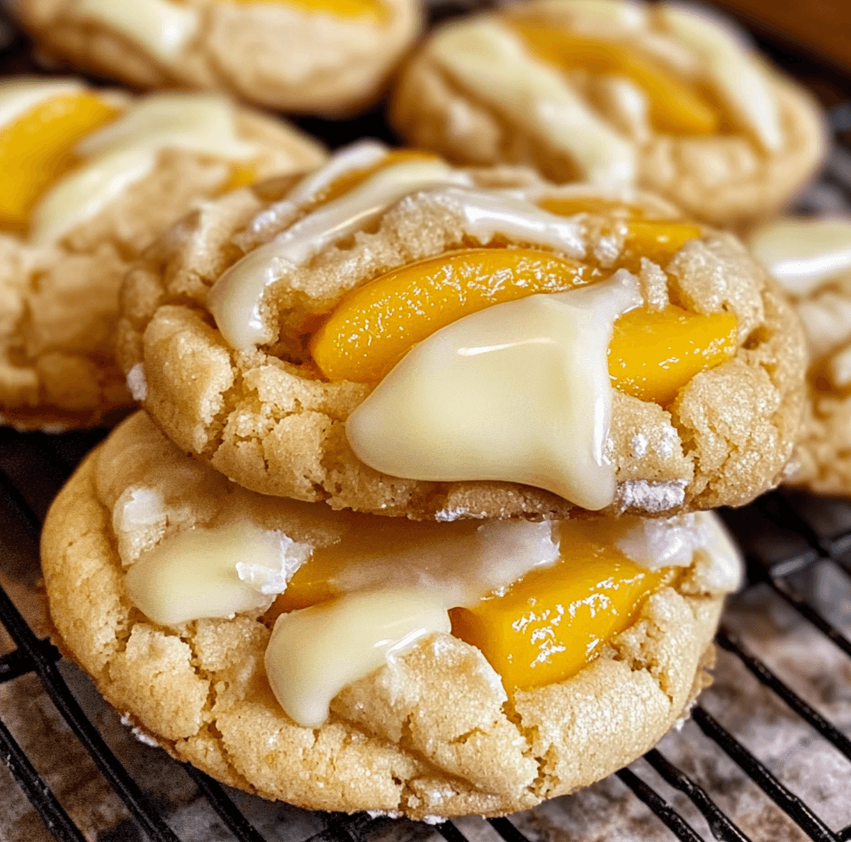 A plate of white chocolate peach cookies, featuring soft, golden-brown cookies with chunks of white chocolate and juicy peach pieces.