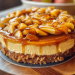 A stunning gourmet caramel apple cheesecake extravaganza, featuring a smooth cheesecake base topped with caramelized apples, drizzled with rich caramel sauce, and garnished with whipped cream.