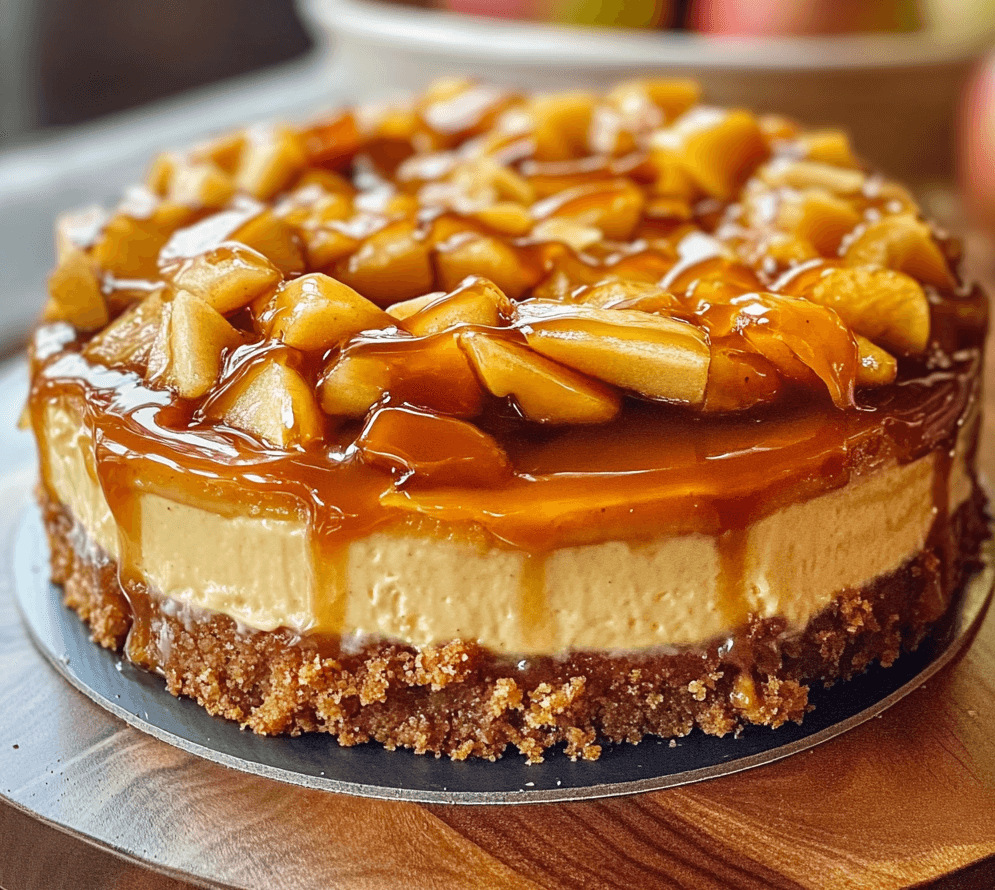 A stunning gourmet caramel apple cheesecake extravaganza, featuring a smooth cheesecake base topped with caramelized apples, drizzled with rich caramel sauce, and garnished with whipped cream.