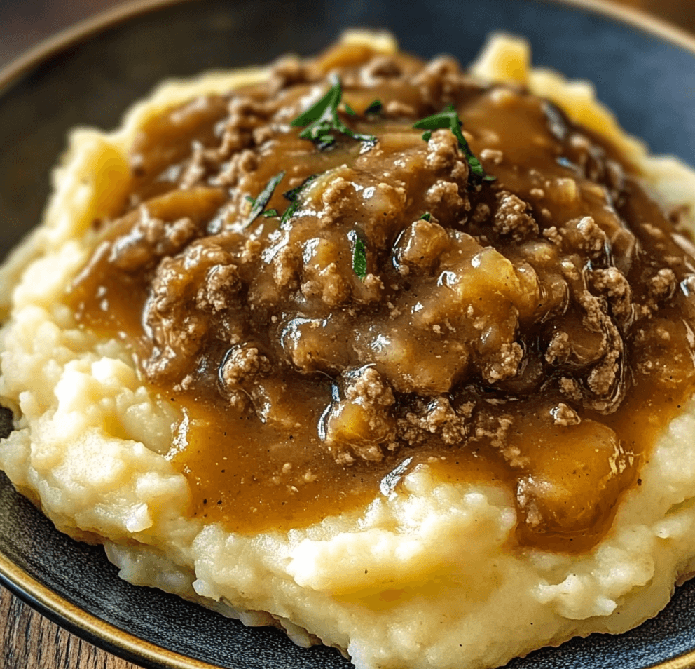 A plate of ground beef and gravy served over creamy mashed potatoes, garnished with fresh parsley for a comforting, homemade touch.