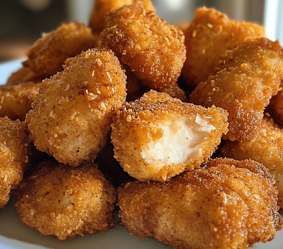 A plate of golden, crispy homemade chicken nuggets, served with ketchup and a side of fries.