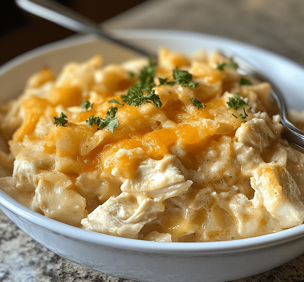 A serving of Ritz crockpot chicken casserole with tender chicken, a creamy base, and a golden, buttery Ritz cracker topping, garnished with fresh parsley.