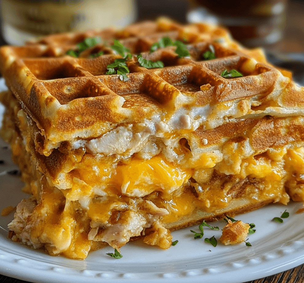 Golden chicken and waffle breakfast casserole topped with crispy chicken bites, fluffy waffle pieces, and a light drizzle of maple syrup, served warm in a baking dish.