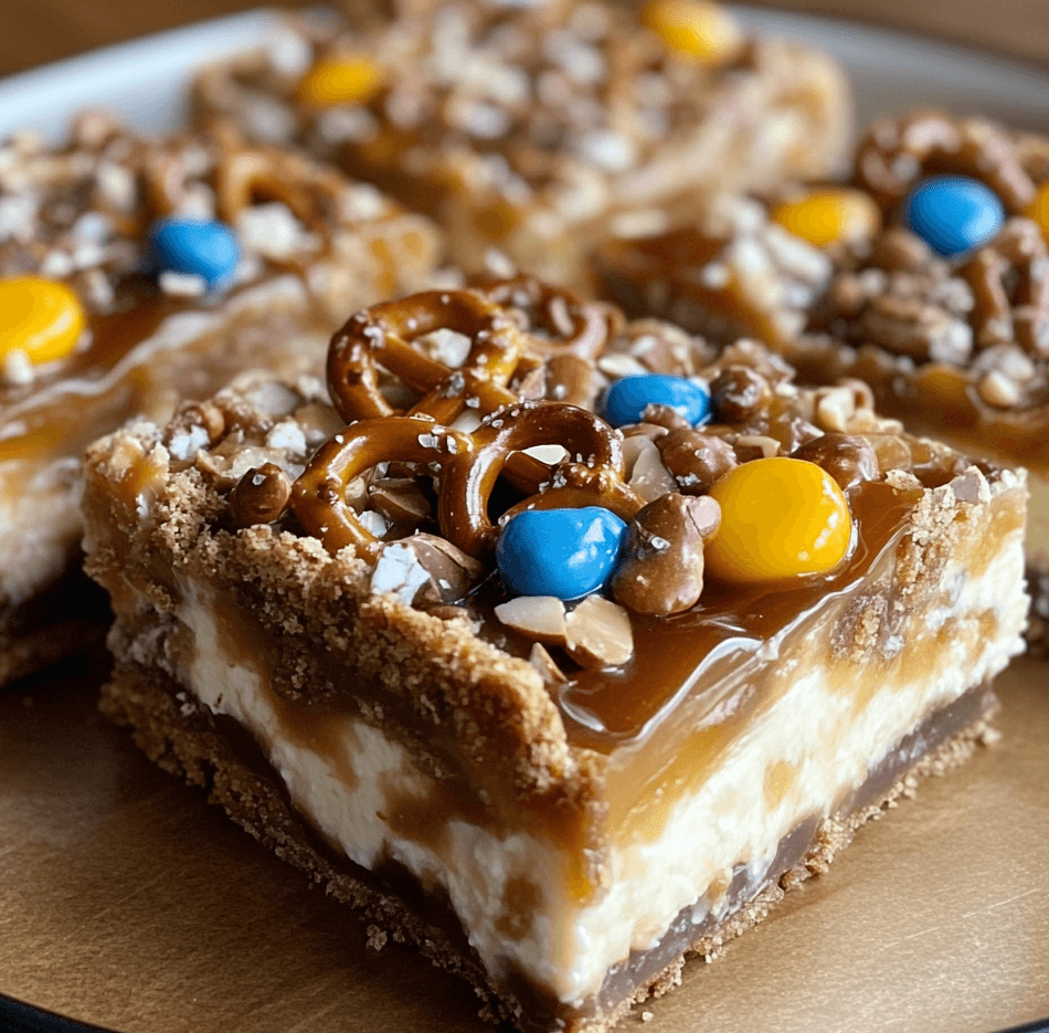 A close-up of salty-sweet caramel pretzel cheesecake bars with a crunchy pretzel crust, creamy cheesecake filling, and a drizzle of gooey caramel topping.