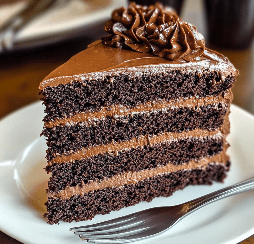 A slice of chocolate espresso cake with a moist, dense texture, topped with a glossy chocolate ganache and sprinkled with coffee grounds.