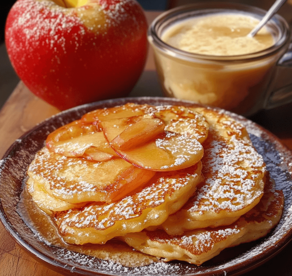 A stack of warm apple pancakes topped with caramelized apple slices, a dusting of powdered sugar, and a drizzle of maple syrup.