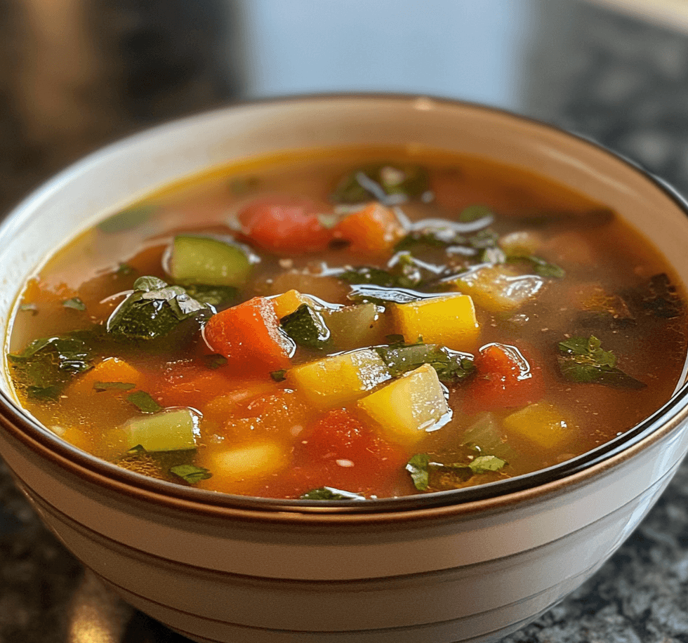 A bowl of vegetable weight loss soup filled with colorful vegetables, served in a rustic bowl with fresh herbs and a light broth.