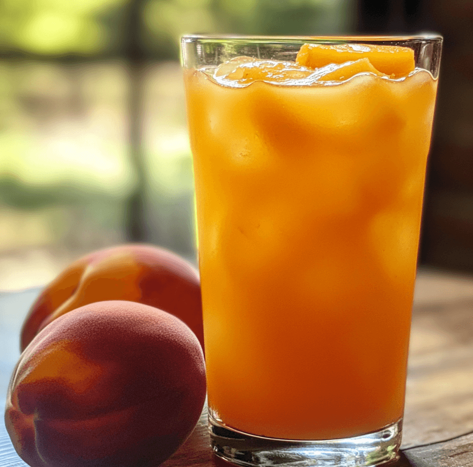 A chilled glass of Georgia Peach Cocktail Juice, garnished with a fresh peach slice and a sprig of mint, set against a vibrant backdrop.