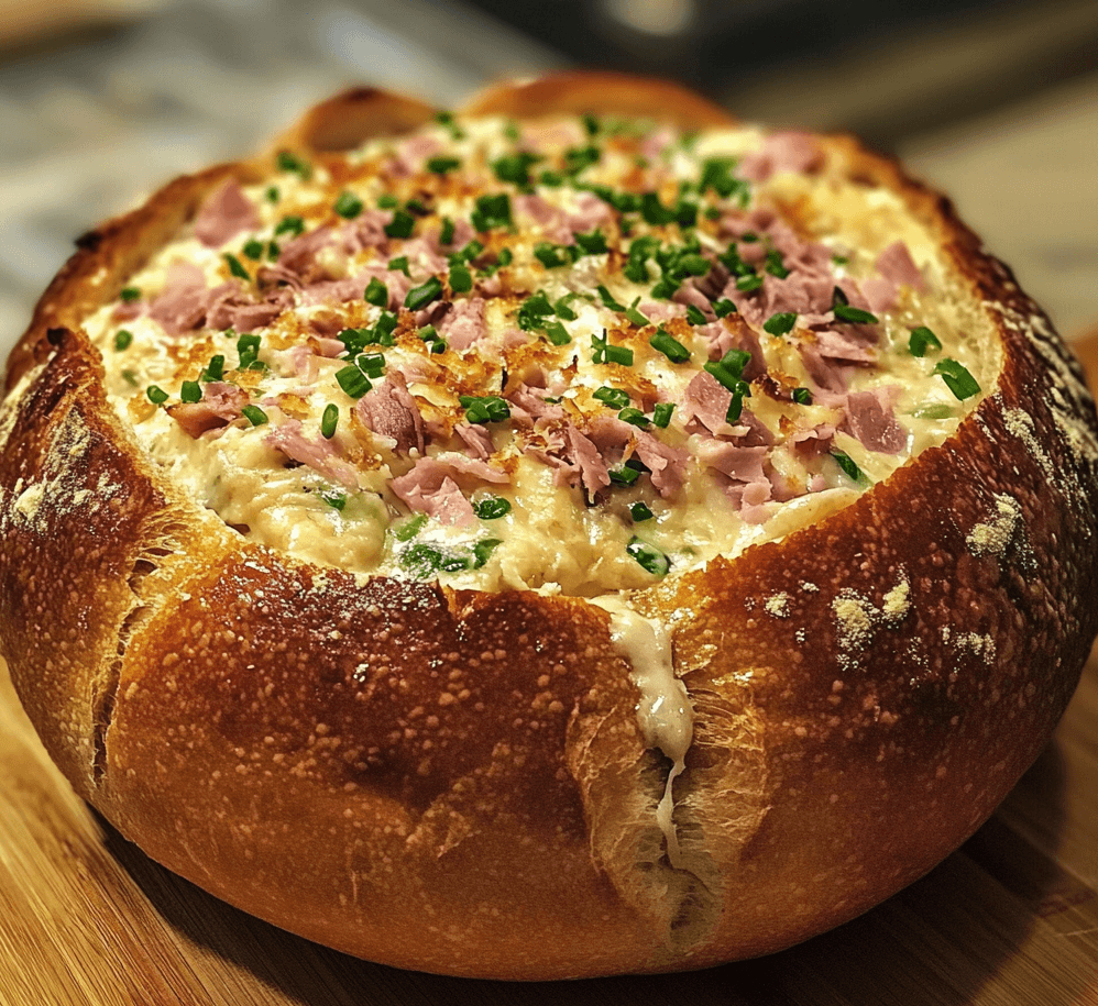 A rye bread bowl filled with warm, creamy Reuben dip, topped with melted cheese and served with extra pieces of rye bread for dipping.