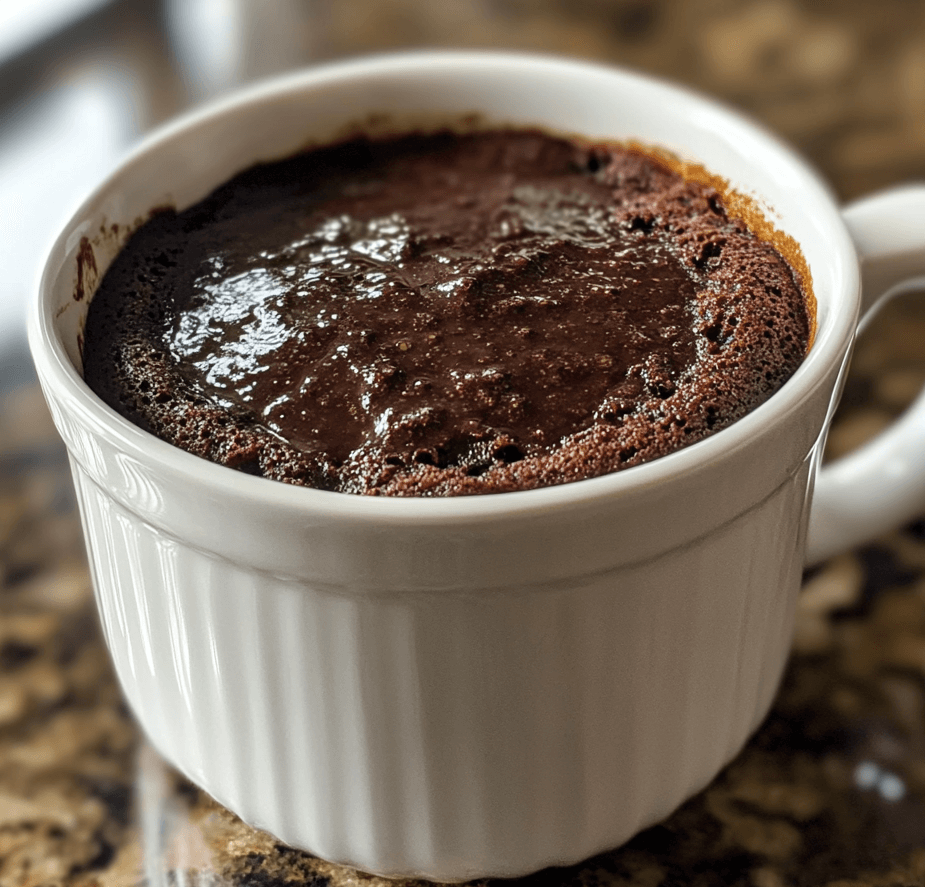 A warm chocolate mug cake topped with a dollop of whipped cream and chocolate shavings, served in a white mug on a wooden table.