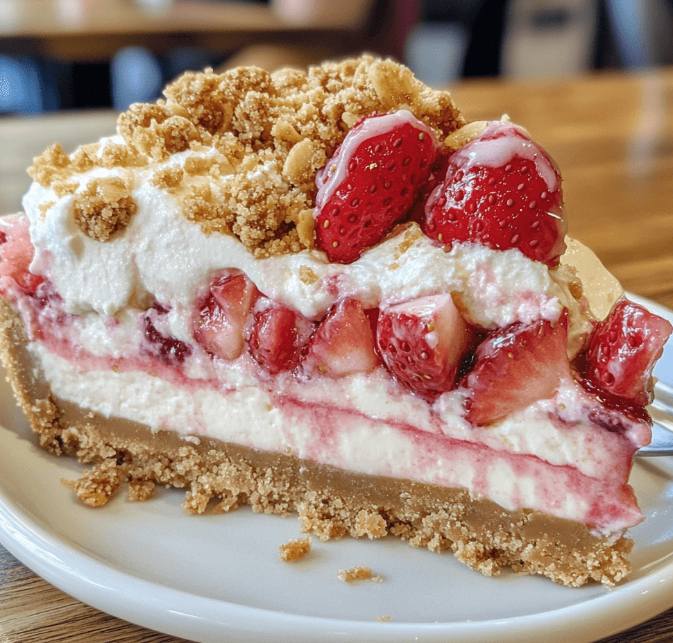 A slice of strawberry crunch cheesecake, topped with a vibrant strawberry layer and crunchy crumble, served on a white plate with a garnish of fresh strawberries.