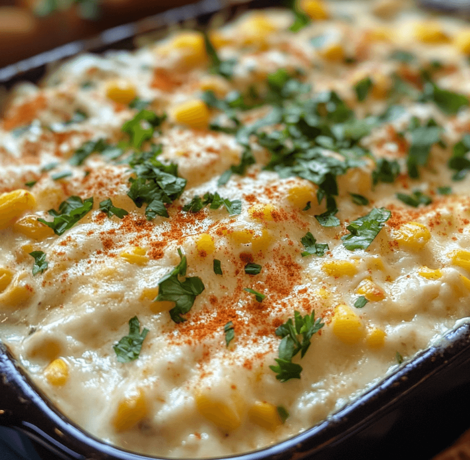 A bowl of creamy corn dip topped with melted cheese, diced jalapeños, and fresh cilantro, served with tortilla chips on the side.