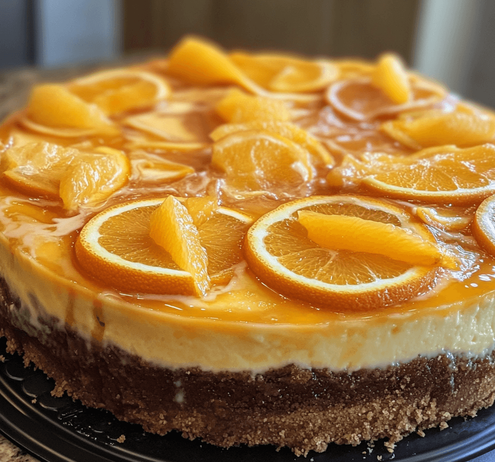 A Southern pineapple orange swirl cheesecake with vibrant citrus swirls on a creamy base, garnished with fresh orange slices and pineapple chunks.