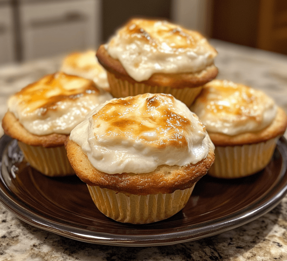 Freshly baked banana cream cheese muffins, showcasing golden tops with a creamy cheesecake swirl, placed on a rustic wooden tray.