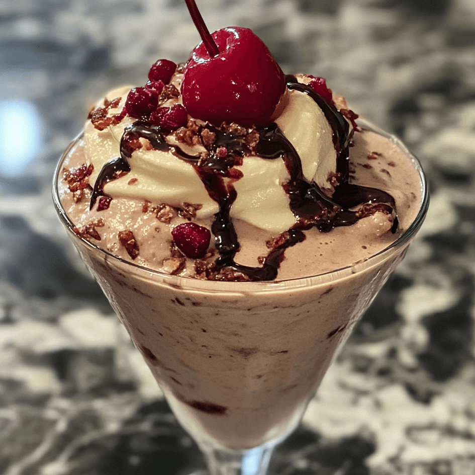 A Cherry Rose Mudslide cocktail in a glass, featuring vibrant red cherry garnishes, a creamy texture, and a delicate rose petal accent, served on a stylish cocktail glass.