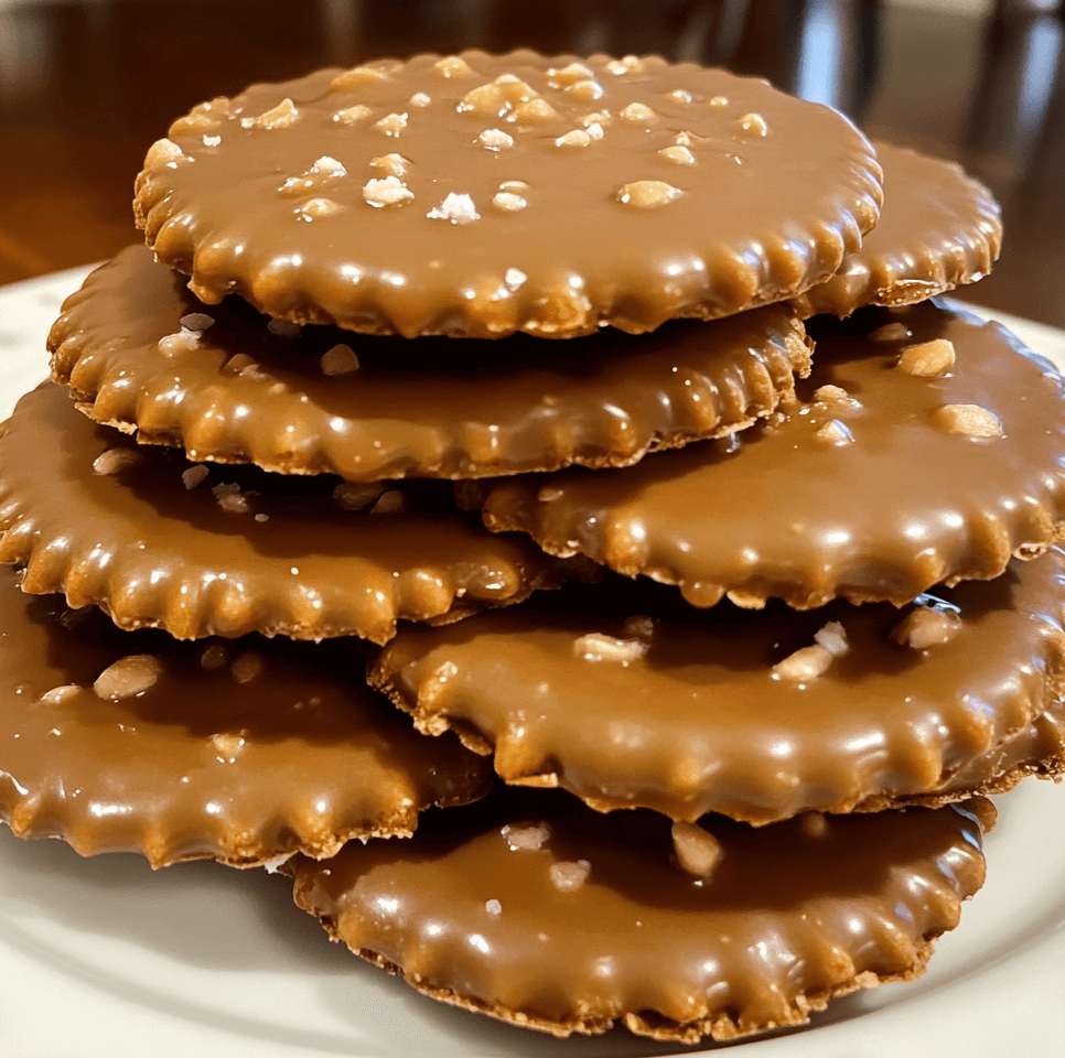 A plate of caramel peanut Ritz cracker treats, featuring crackers topped with caramel, peanuts, and a golden finish, served in bite-sized portions.