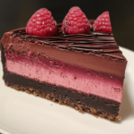 A slice of decadent raspberry chocolate cheesecake, with a velvety chocolate base, topped with a vibrant raspberry layer and drizzled with chocolate ganache.