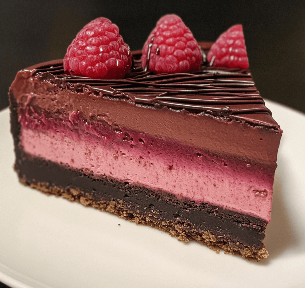 A slice of decadent raspberry chocolate cheesecake, with a velvety chocolate base, topped with a vibrant raspberry layer and drizzled with chocolate ganache.