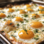 A tray of perfectly baked easy sheet pan eggs, golden and fluffy, with a sprinkle of herbs and served alongside colorful vegetables.