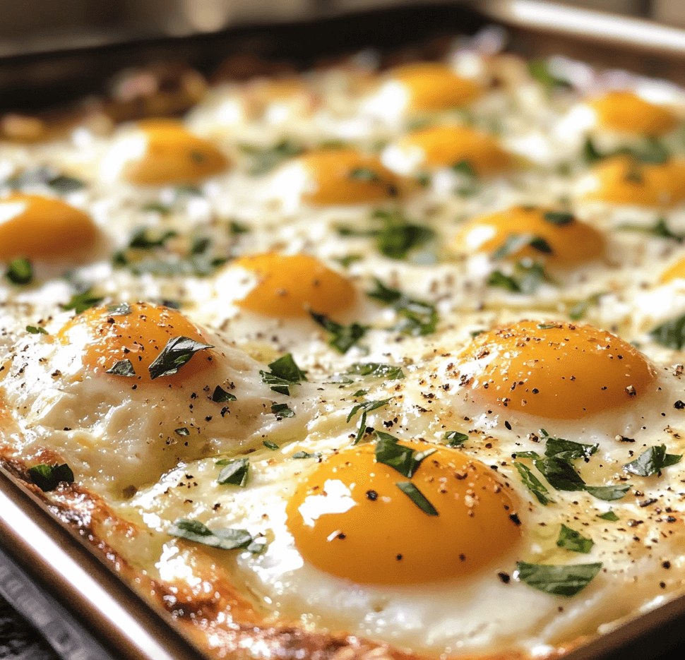 A tray of perfectly baked easy sheet pan eggs, golden and fluffy, with a sprinkle of herbs and served alongside colorful vegetables.