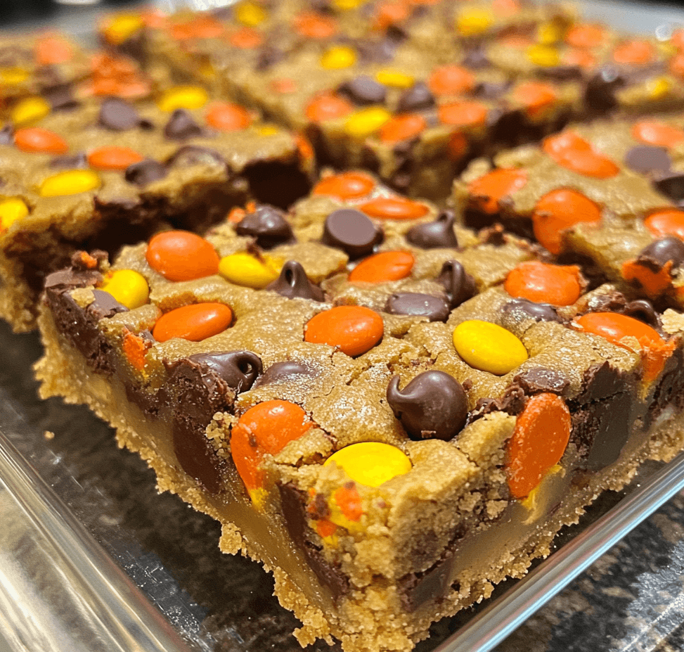 A batch of Reese’s Pieces chocolate chip cookie bars, featuring golden, gooey cookies studded with colorful Reese’s Pieces, served on a rustic plate.