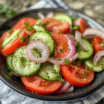 A vibrant cucumber, onion, and tomato salad with fresh, sliced vegetables drizzled in a light vinaigrette, garnished with herbs.