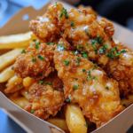 A plate of crispy buttermilk fried chicken tenders, golden and perfectly fried, served with dipping sauces on the side.