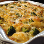 A hearty serving of cheesy chicken and broccoli casserole, with tender chicken pieces, vibrant broccoli, and a golden, melted cheese topping.