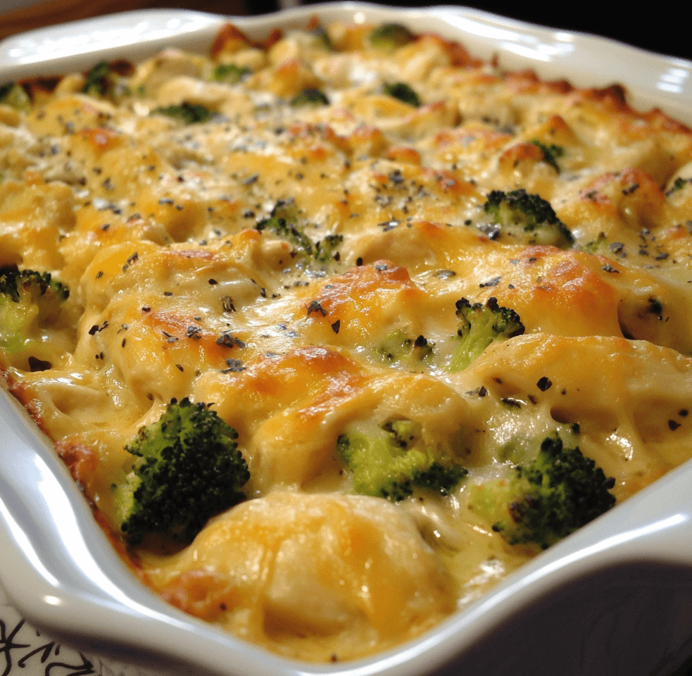 A hearty serving of cheesy chicken and broccoli casserole, with tender chicken pieces, vibrant broccoli, and a golden, melted cheese topping.