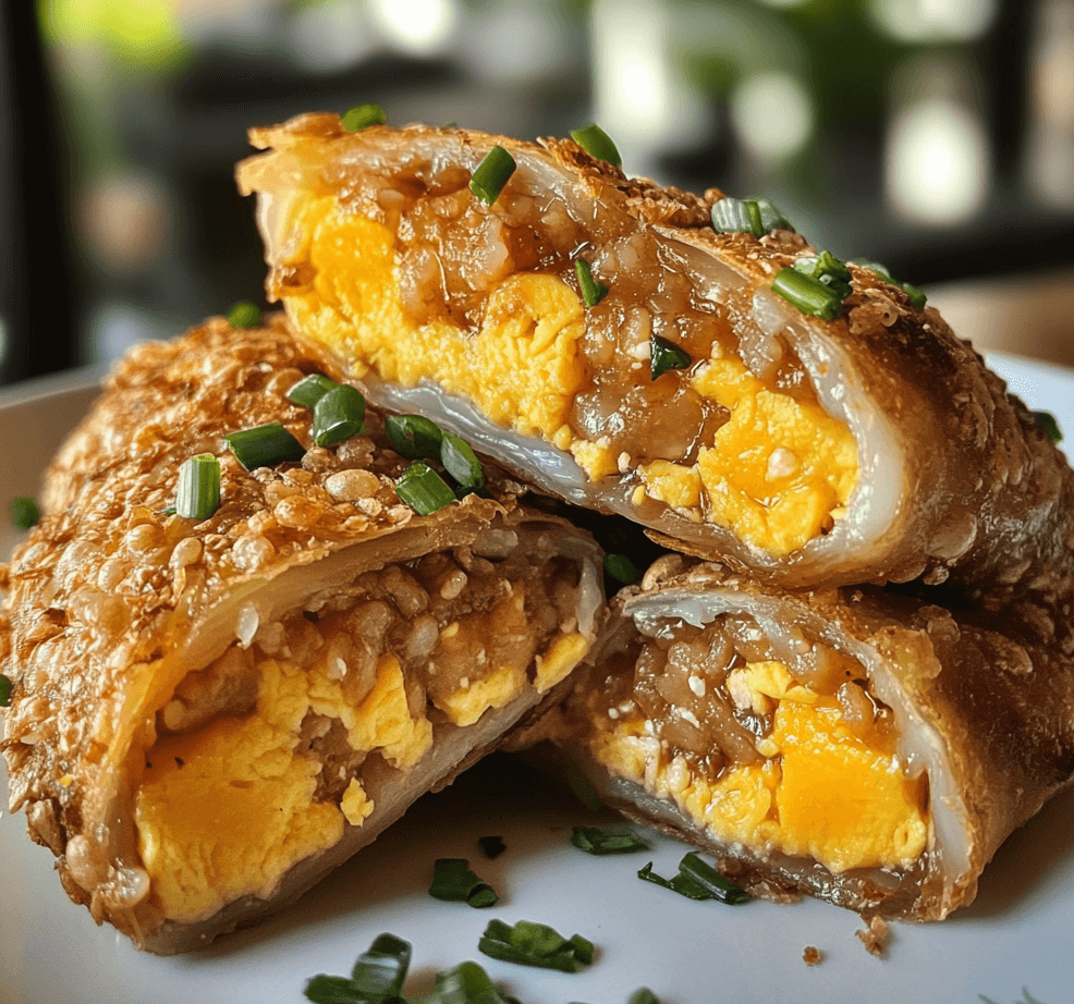 A plate of golden, crispy egg rolls filled with a savory mix of vegetables and meat, served with a side of dipping sauce and garnished with green onions.