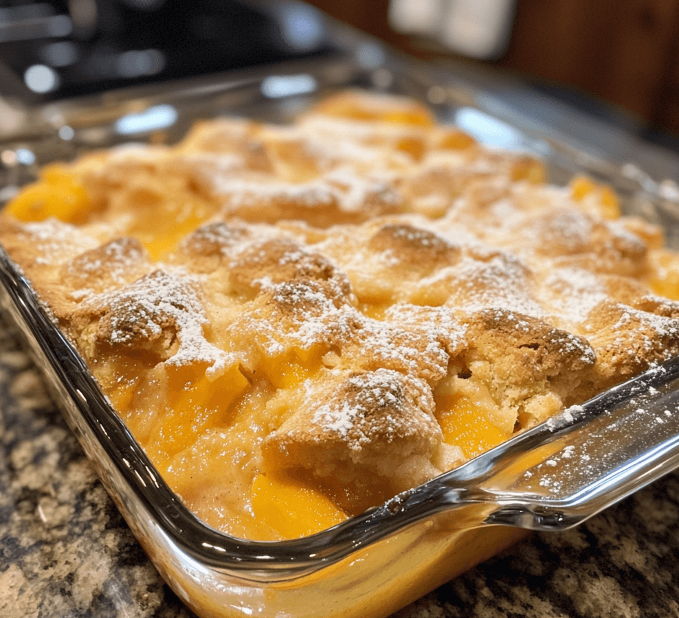 A freshly baked Grandma’s peach cobbler in a rustic baking dish, featuring a golden, flaky crust and bubbling peach filling, served with a scoop of vanilla ice cream.