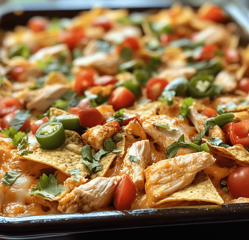 A baking dish filled with Dorito chicken casserole, featuring layers of creamy chicken, melted cheese, and a golden, crispy Dorito topping, garnished with fresh herbs.