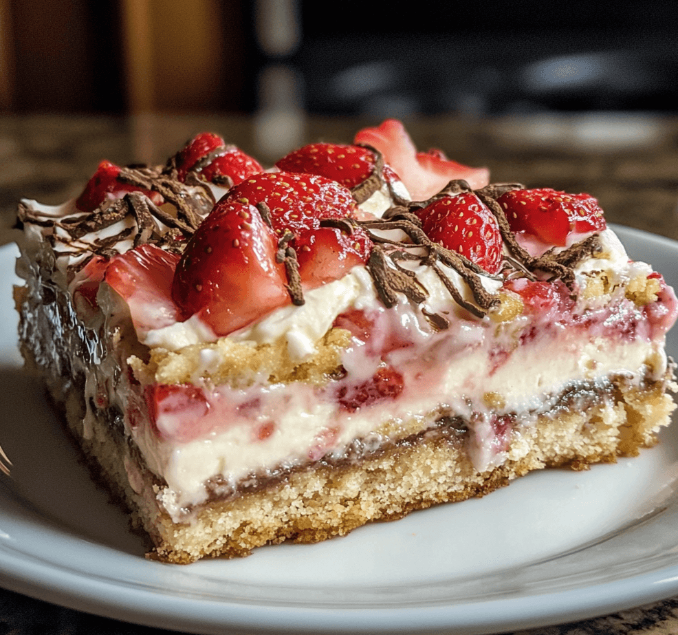 A plate of strawberries and cream magic bars, with layers of creamy white filling, fresh strawberry pieces, and a golden, crumbly crust.