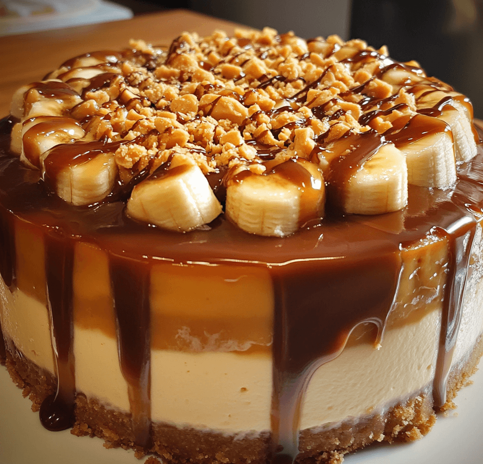 A slice of banana caramel peanut butter cheesecake, featuring a smooth cheesecake filling topped with caramelized bananas, swirls of peanut butter, and a golden crust.