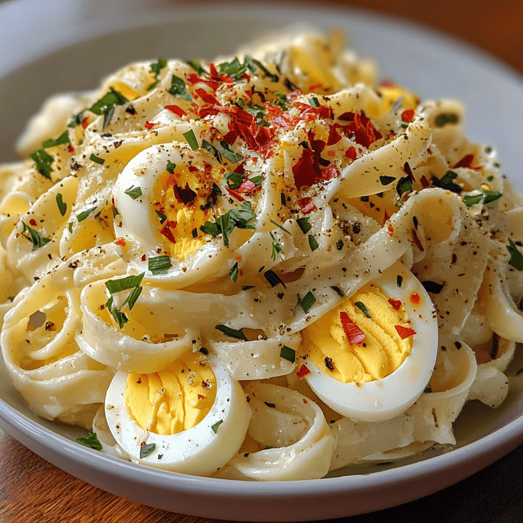 A bowl of deviled egg pasta salad, featuring creamy pasta, sliced hard-boiled eggs, and a tangy mustard dressing, garnished with herbs.