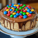 A slice of peanut butter M&M cake, topped with colorful M&M's and a smooth peanut butter frosting, displayed on a cake stand.