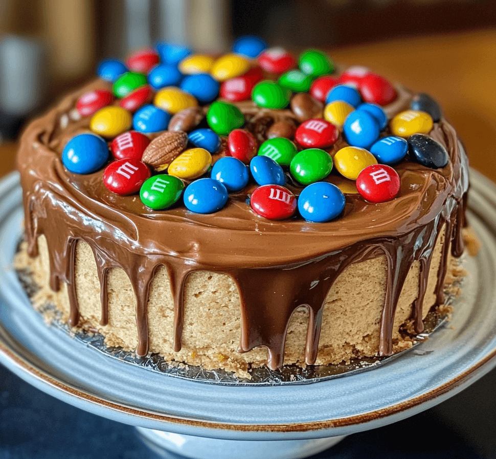 A slice of peanut butter M&M cake, topped with colorful M&M's and a smooth peanut butter frosting, displayed on a cake stand.