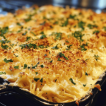 A serving of baked cream cheese spaghetti casserole, with a golden, bubbly cheese crust and creamy, pasta-filled layers, garnished with fresh herbs.