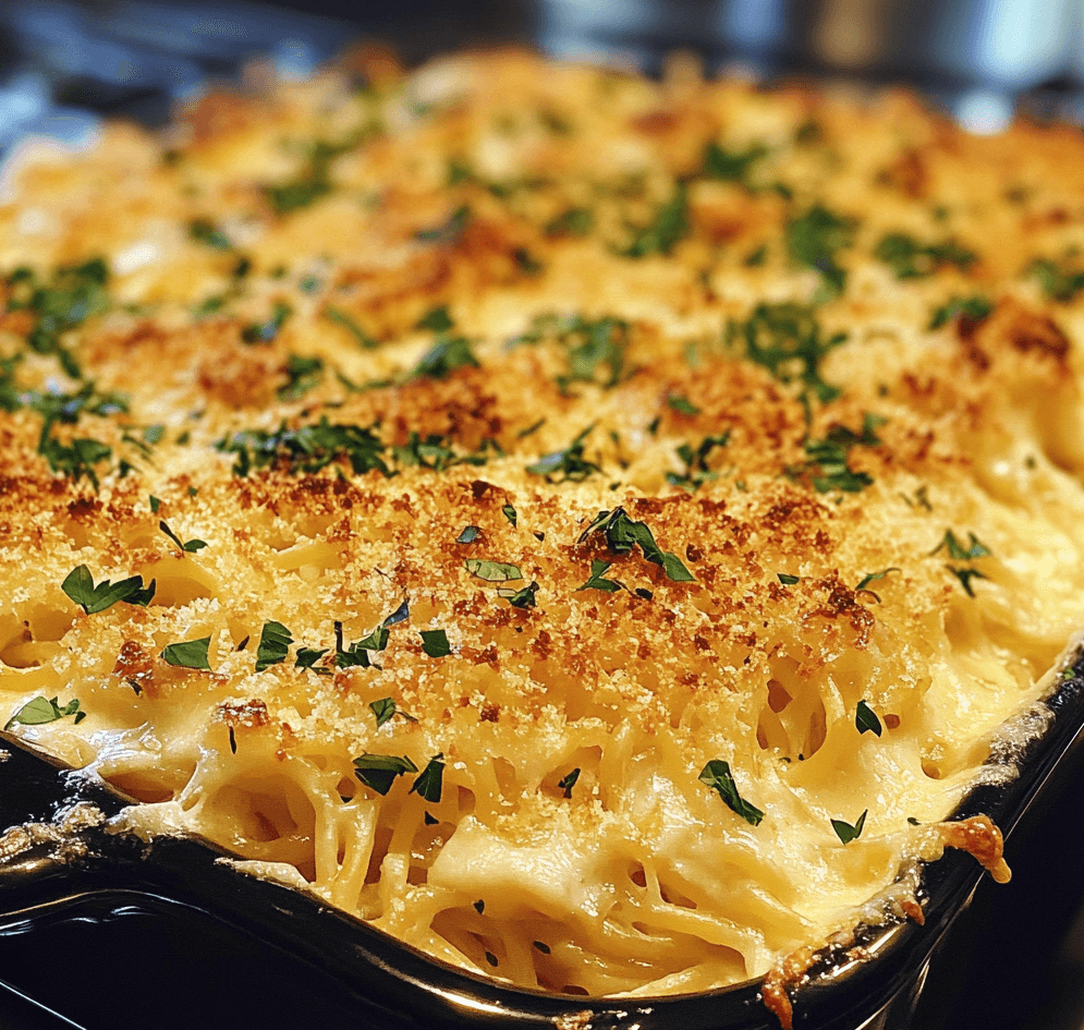 A serving of baked cream cheese spaghetti casserole, with a golden, bubbly cheese crust and creamy, pasta-filled layers, garnished with fresh herbs.