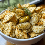 A bowl of dill pickle Chex mix, with crunchy Chex pieces, pretzels, and bold dill pickle seasoning scattered throughout, served as a savory snack.