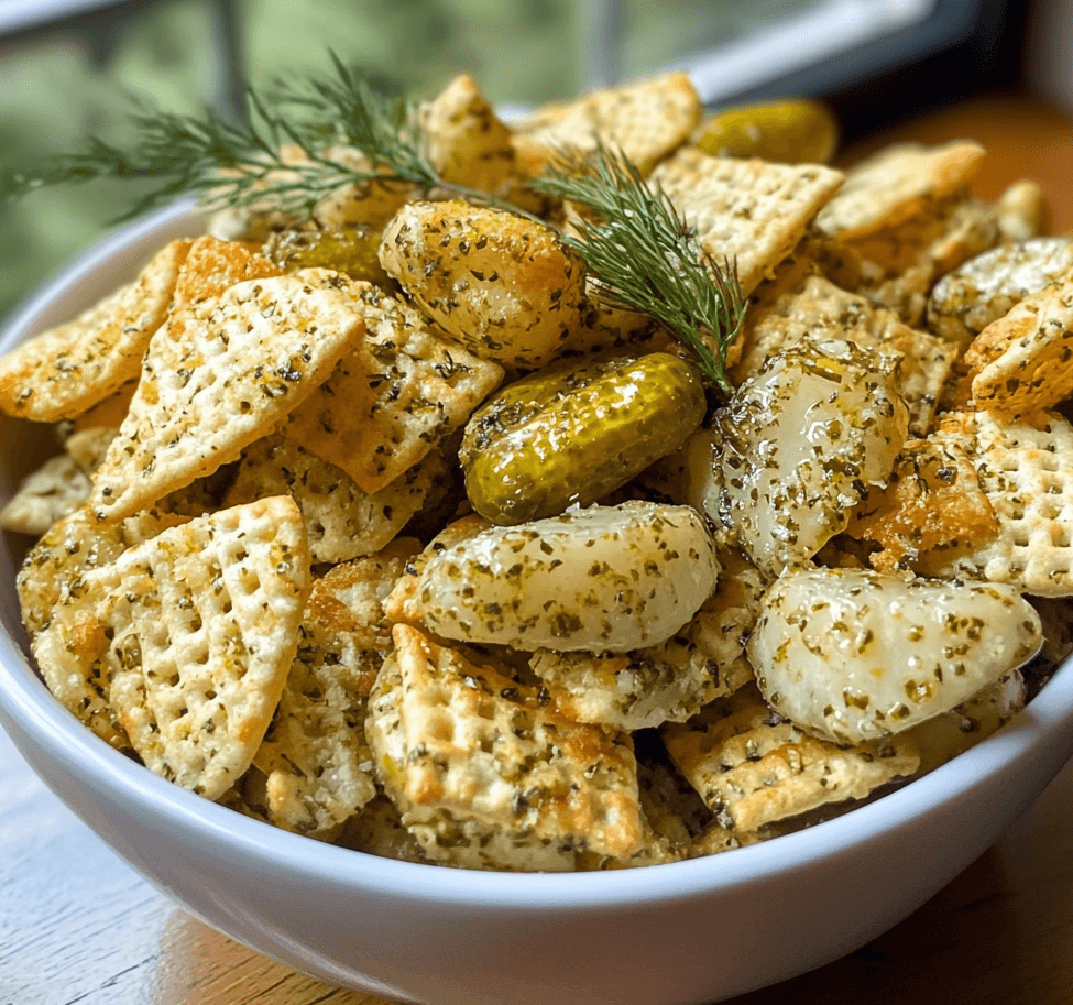 A bowl of dill pickle Chex mix, with crunchy Chex pieces, pretzels, and bold dill pickle seasoning scattered throughout, served as a savory snack.