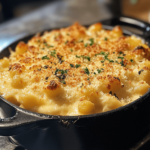 A casserole dish of good old-fashioned mac and cheese, featuring golden, bubbly cheese on top and creamy macaroni underneath, served with a sprinkle of parsley.