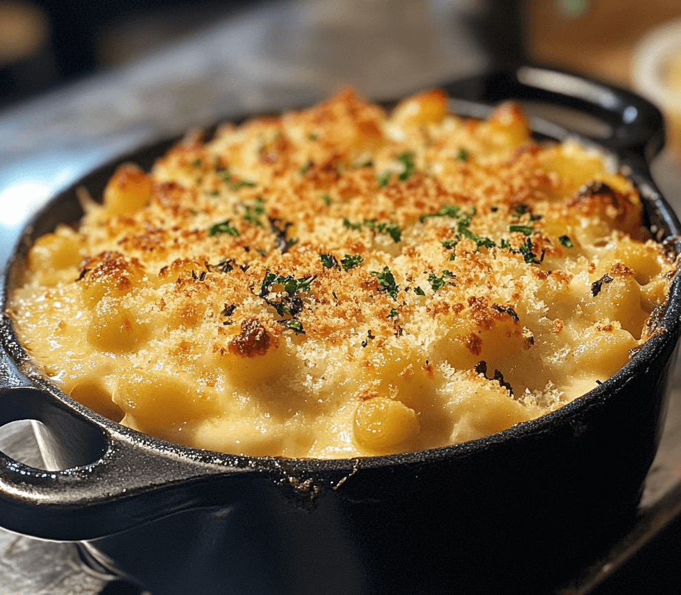 A casserole dish of good old-fashioned mac and cheese, featuring golden, bubbly cheese on top and creamy macaroni underneath, served with a sprinkle of parsley.